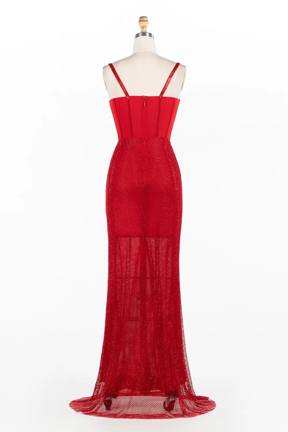 Vestido de noche rojo con corsé, escote profundo, lentejuelas y malla brillante