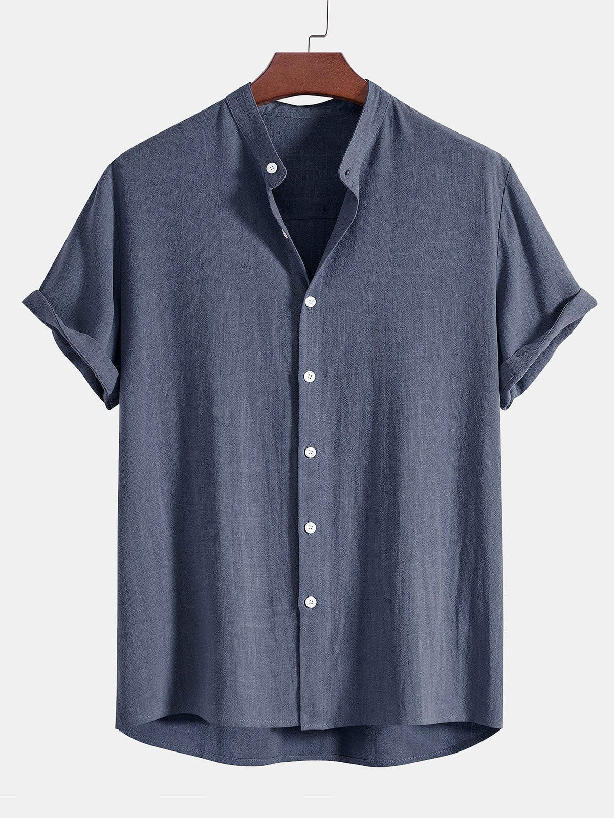 Camisa con Cuello de Pie de Mezcla de Lino y Rayón y Pantalones de Lino de Pierna Recta