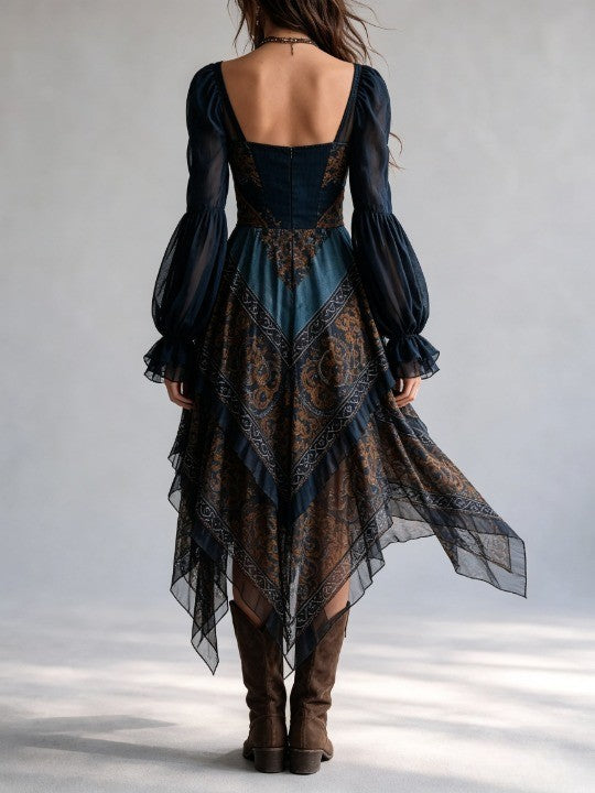 Vestido azul marino bohemio con estampado de cachemira y bajo de pañuelo