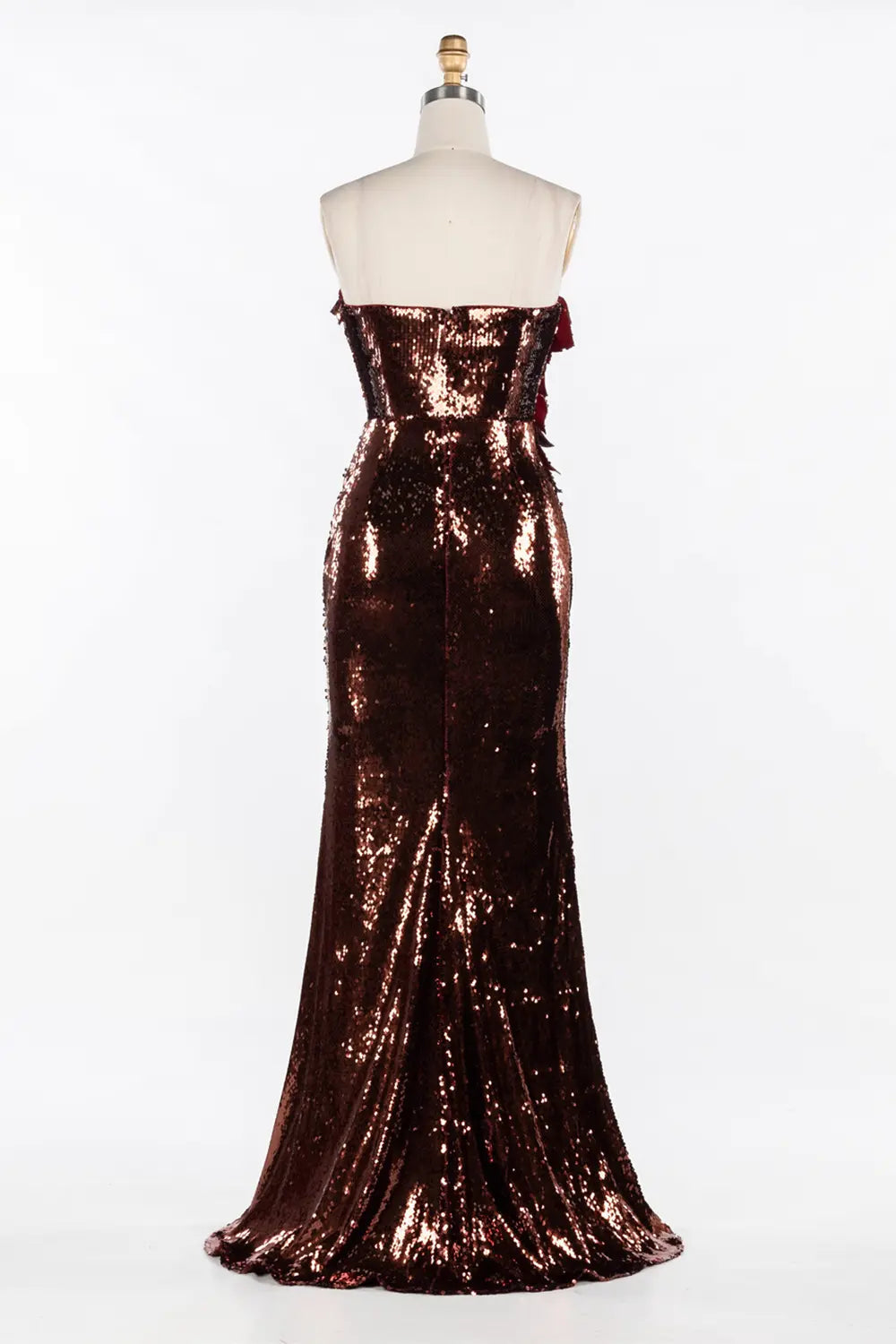 Vestido de noche burdeos de sirena con lentejuelas brillantes y rosas 3D