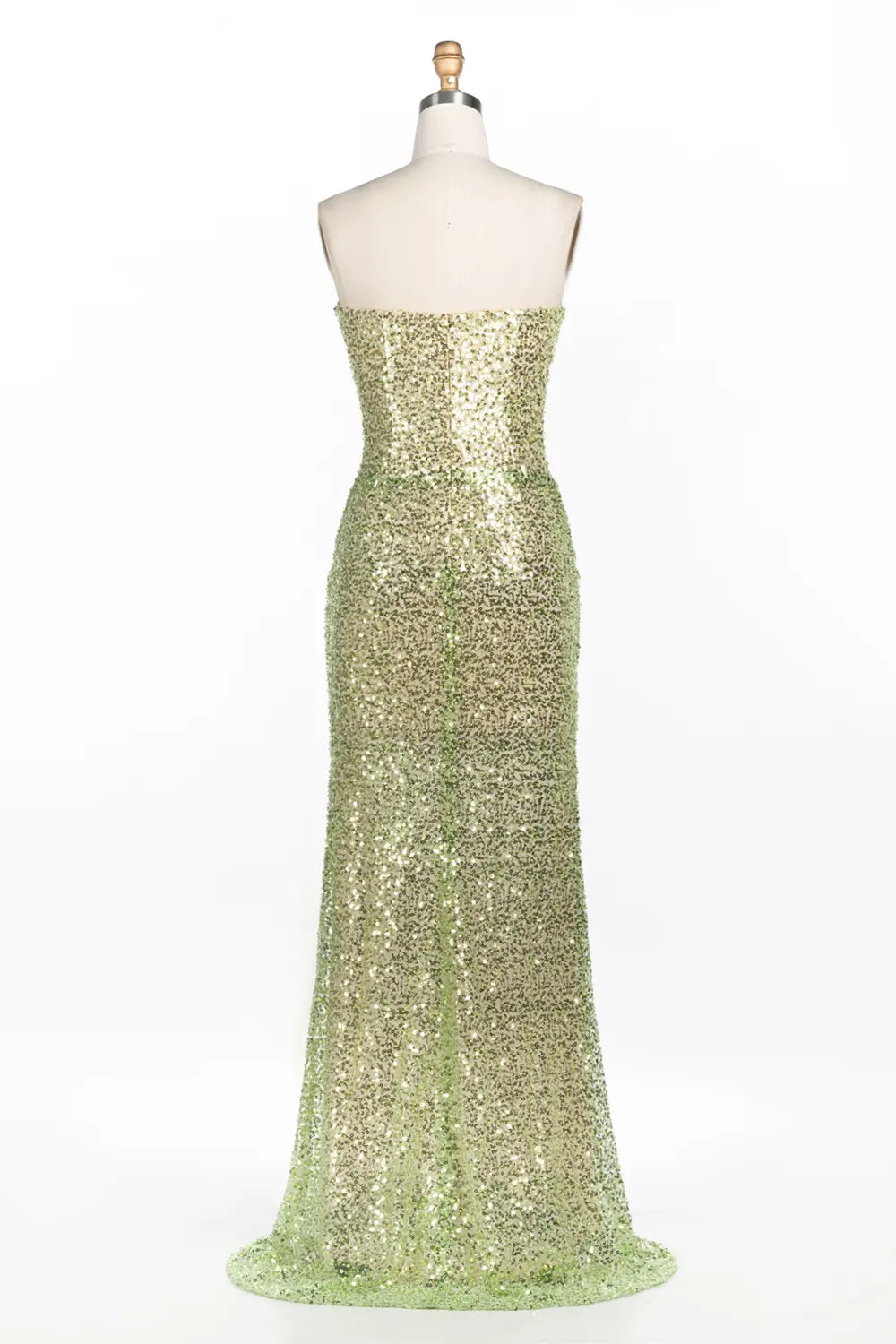 Vestido de noche verde palabra de honor con lentejuelas y aberturas