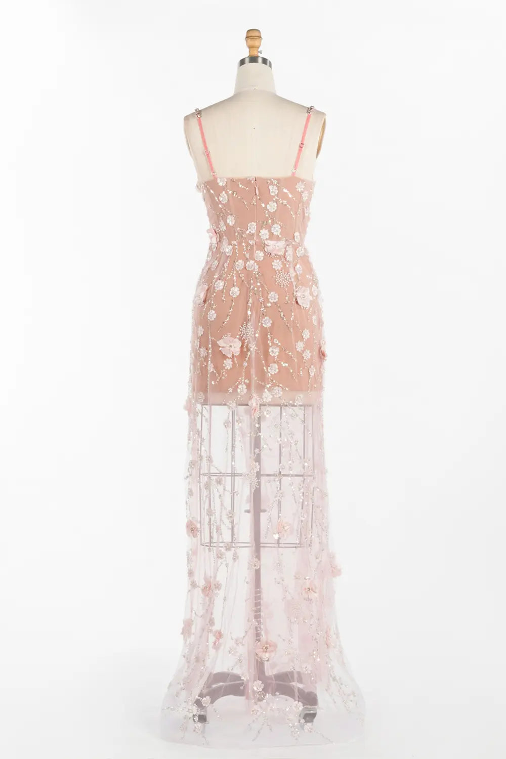Vestido de noche rosa de sirena con tul y flores 3D