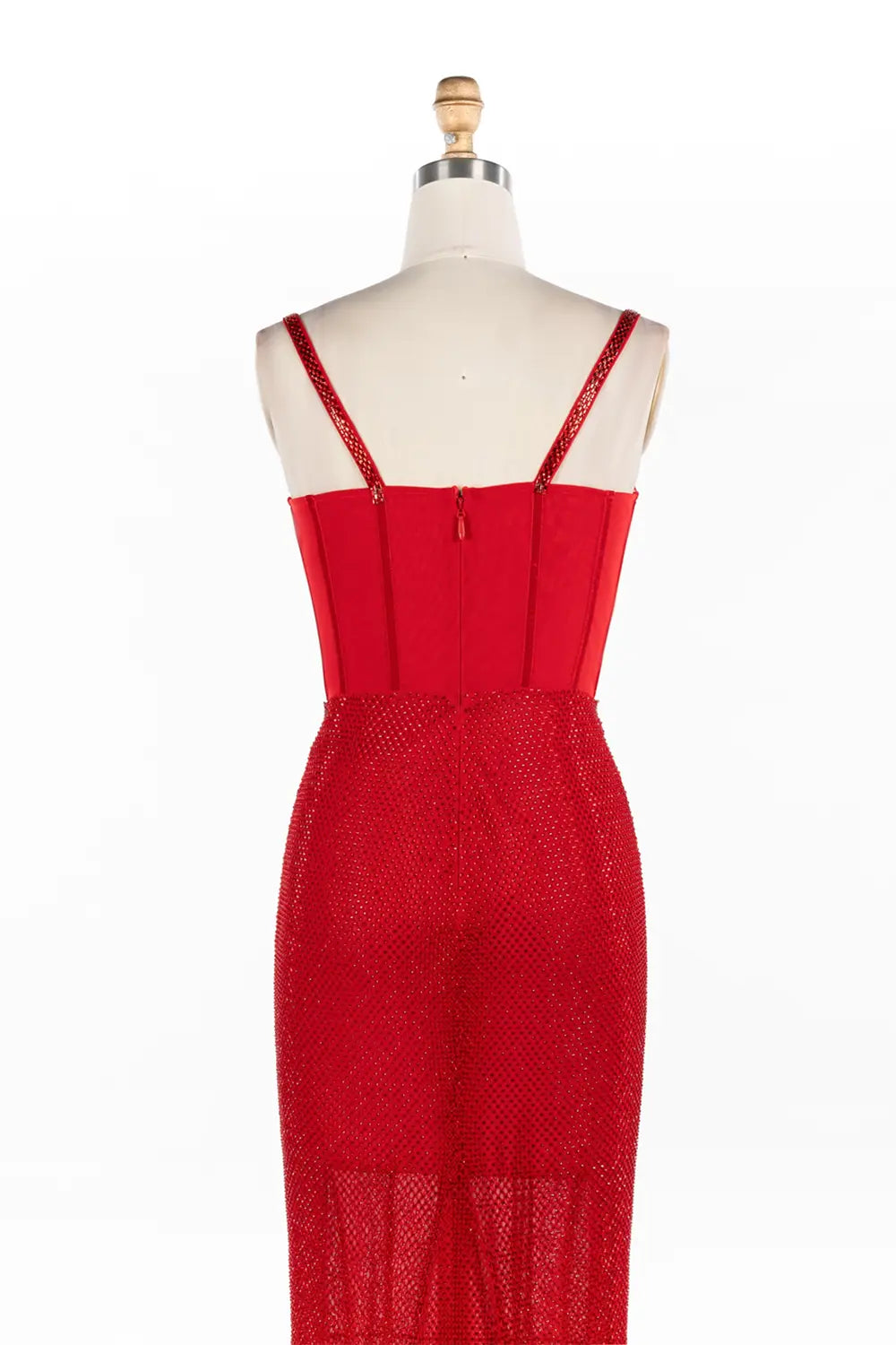 Vestido de noche rojo con corsé, escote profundo, lentejuelas y malla brillante