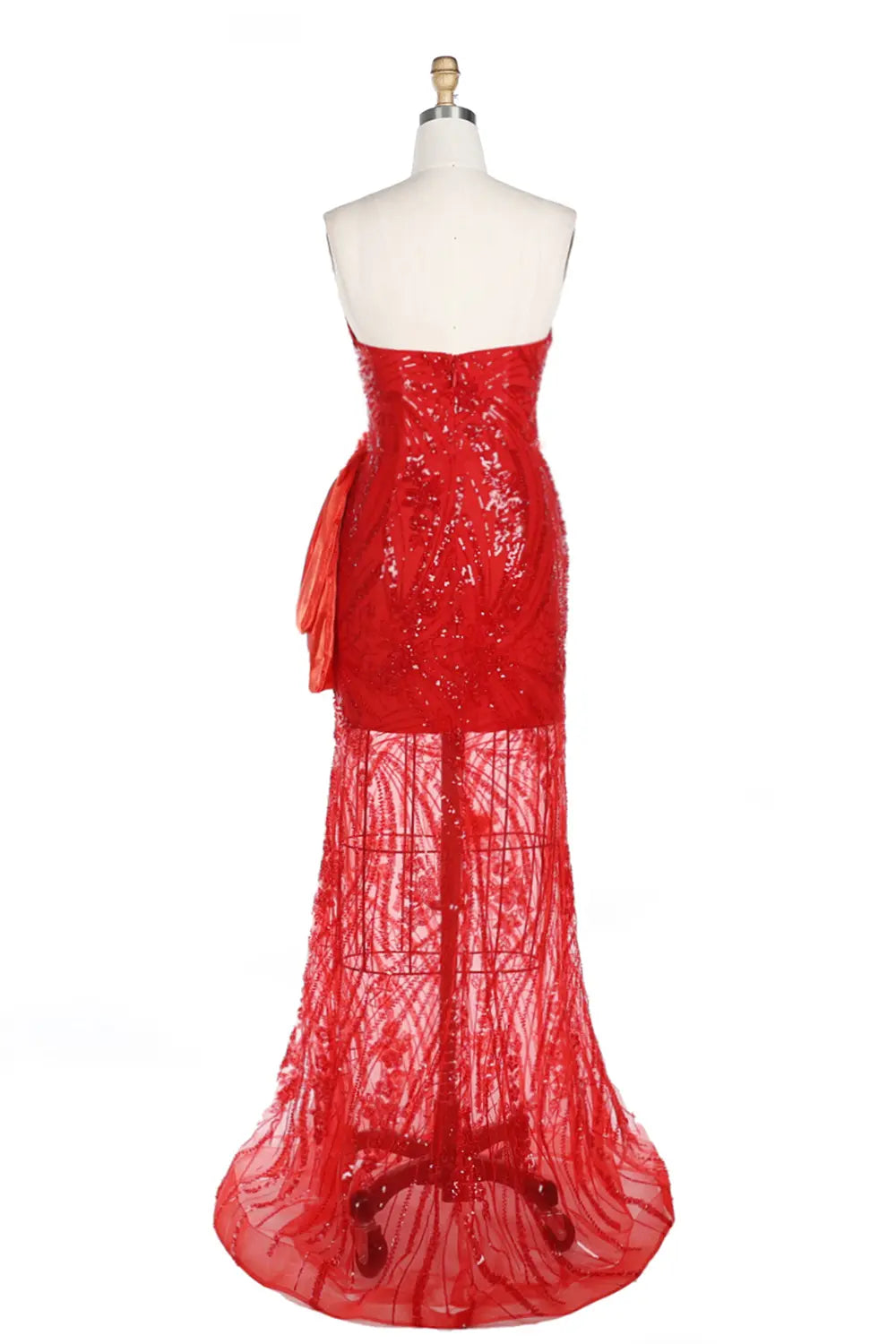 Vestido de noche rojo palabra de honor con lentejuelas y malla transparente