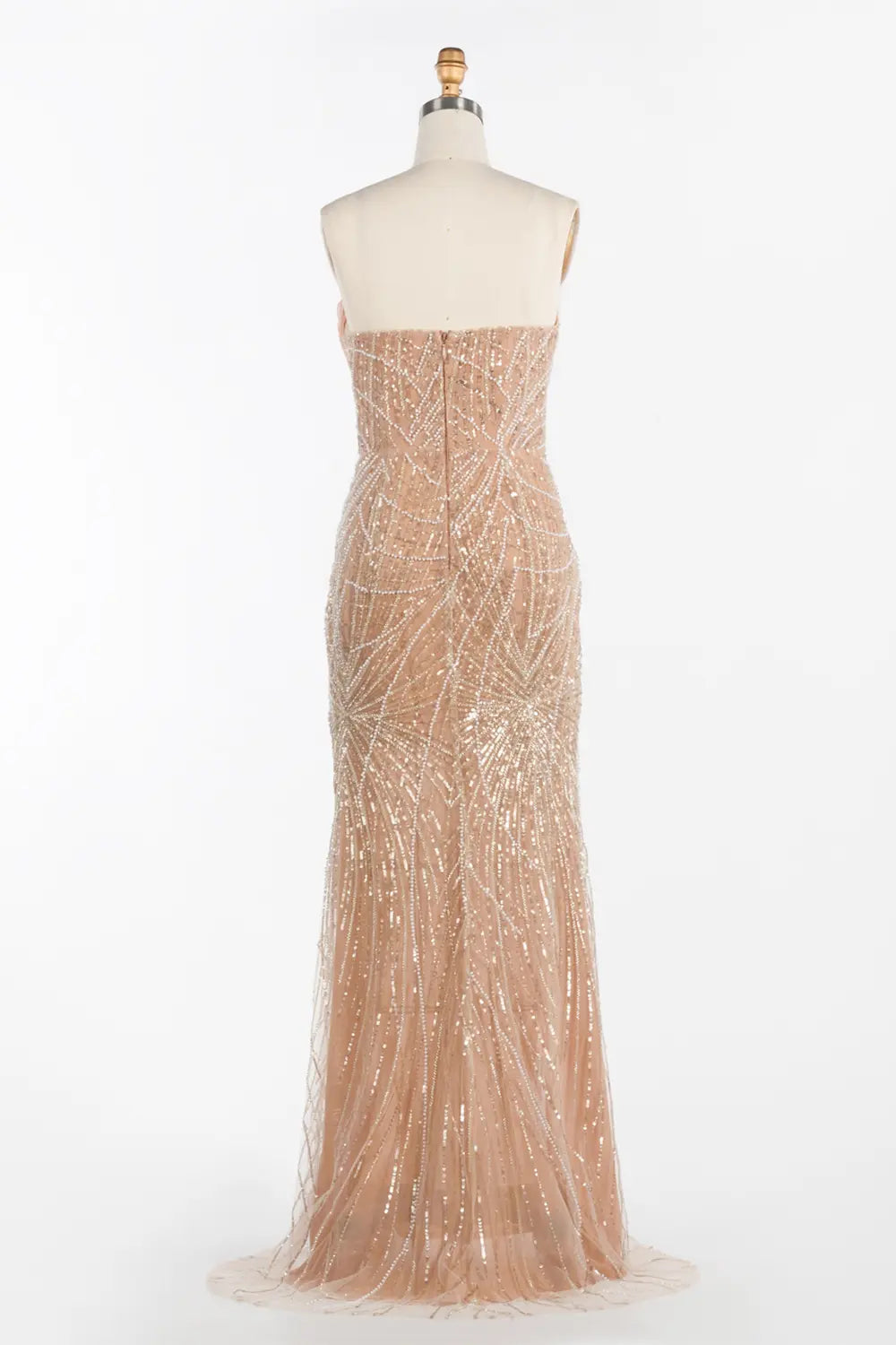 Vestido de noche champán palabra de honor con lentejuelas y abertura