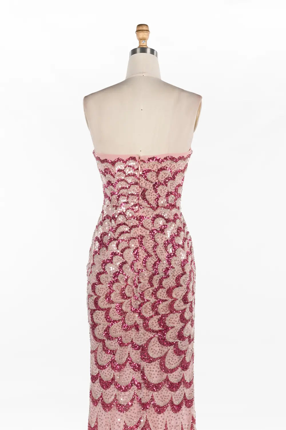 Vestido largo rosa de sirena palabra de honor con lentejuelas efecto escamas