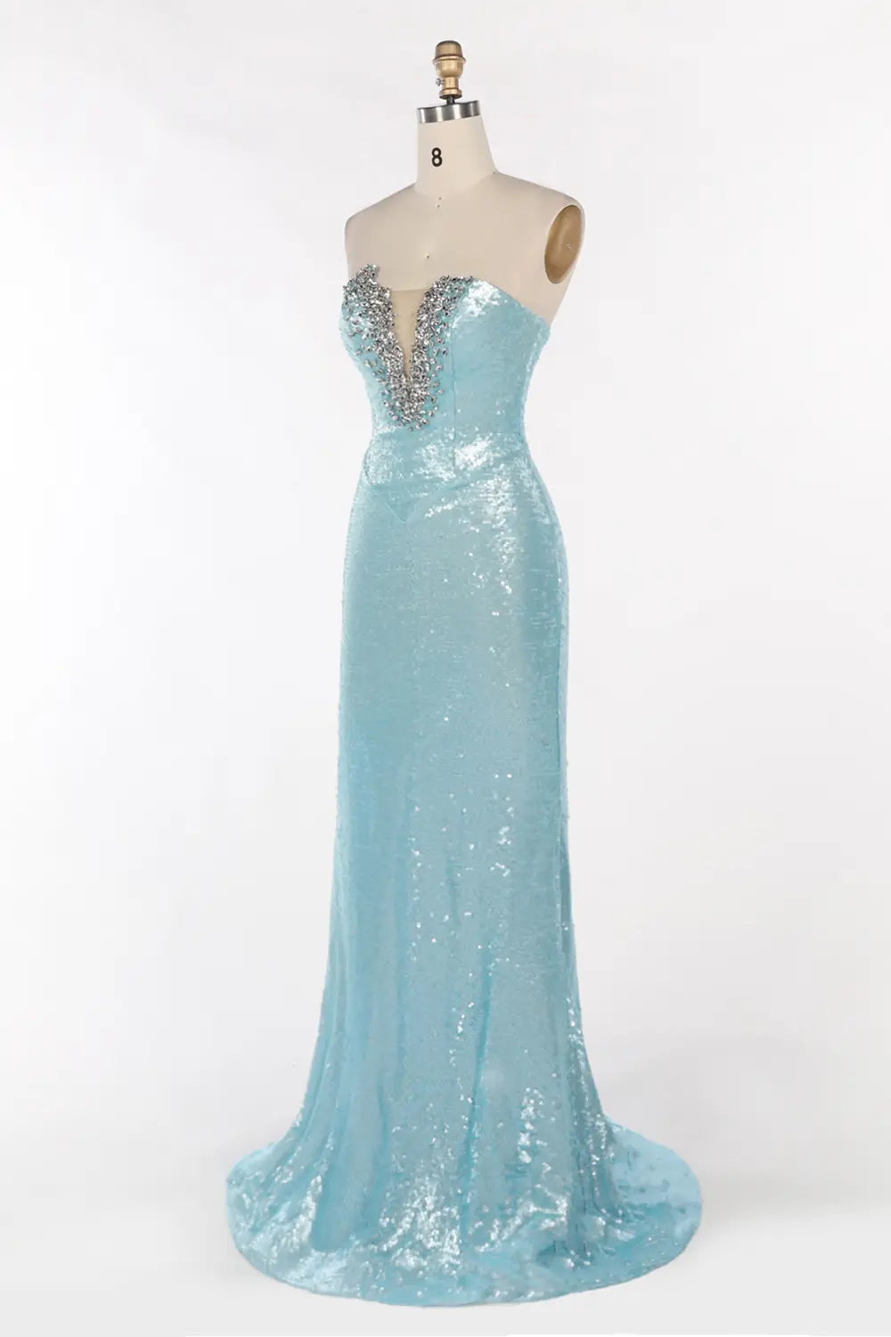 Vestido de noche azul palabra de honor con lentejuelas y abalorios