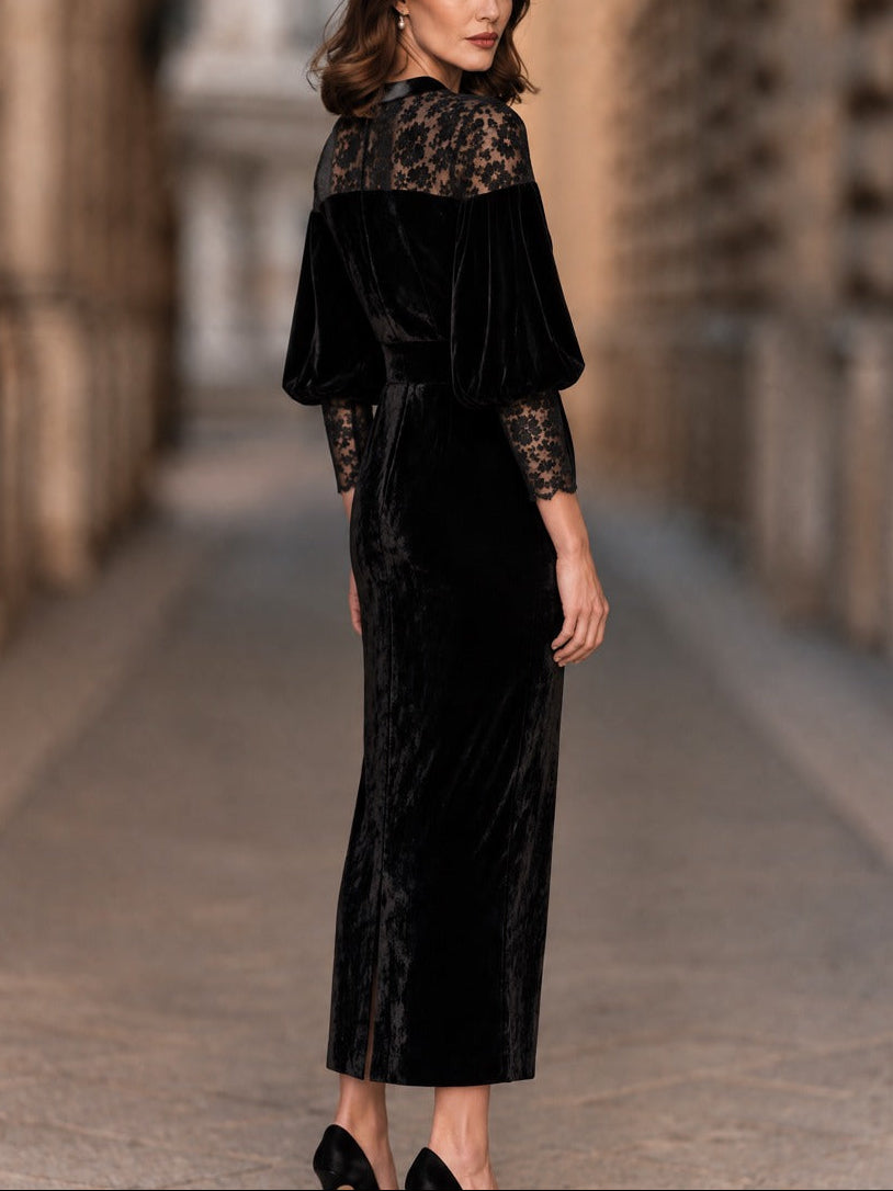 Vestido midi negro de terciopelo y encaje con mangas abullonadas y cinturón con hebilla de perlas