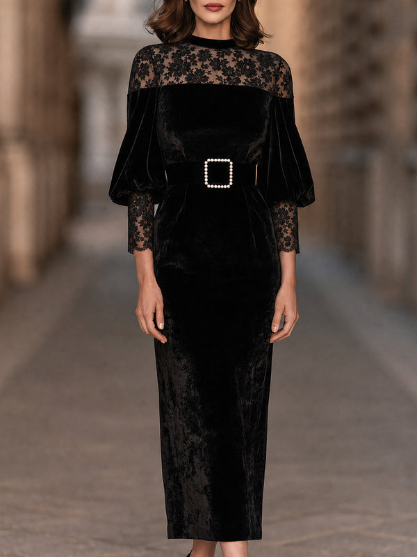 Vestido midi negro de terciopelo y encaje con mangas abullonadas y cinturón con hebilla de perlas