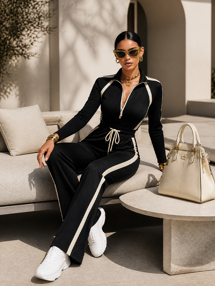 Conjunto deportivo negro con rayas en contraste, media cremallera y pantalón ancho con cordón