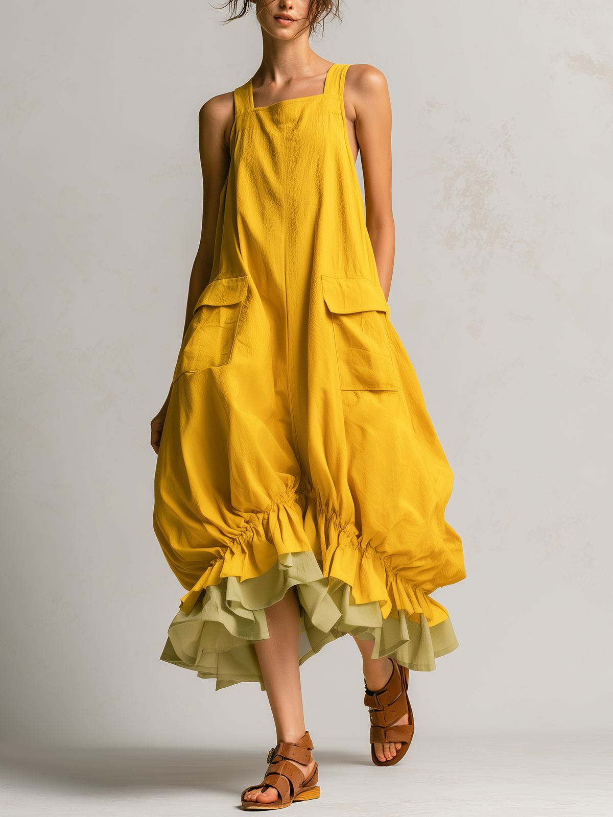 Vestido midi globo amarillo sin mangas con bolsillos grandes y volantes en capas