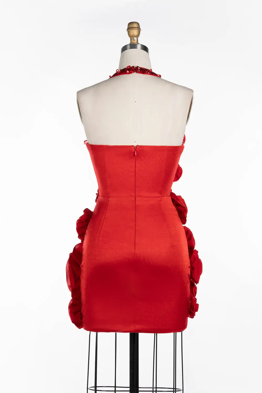 Vestido corto rojo halter ajustado con corsé y rosetas florales 3D