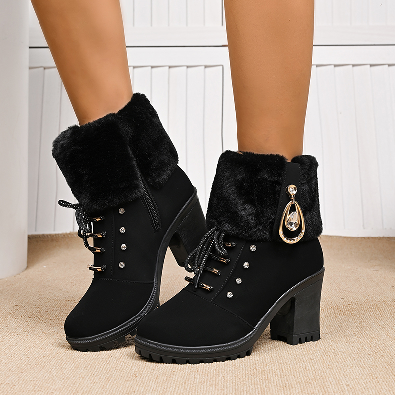 Botas cálidas con strass, tacón ancho y cremallera lateral