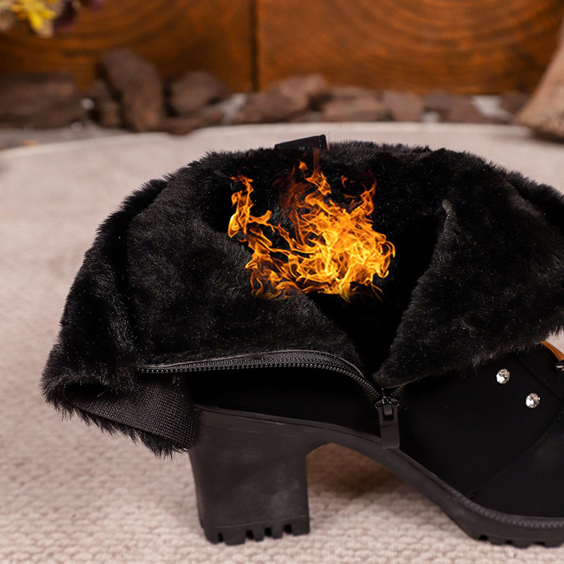 Botas cálidas con strass, tacón ancho y cremallera lateral