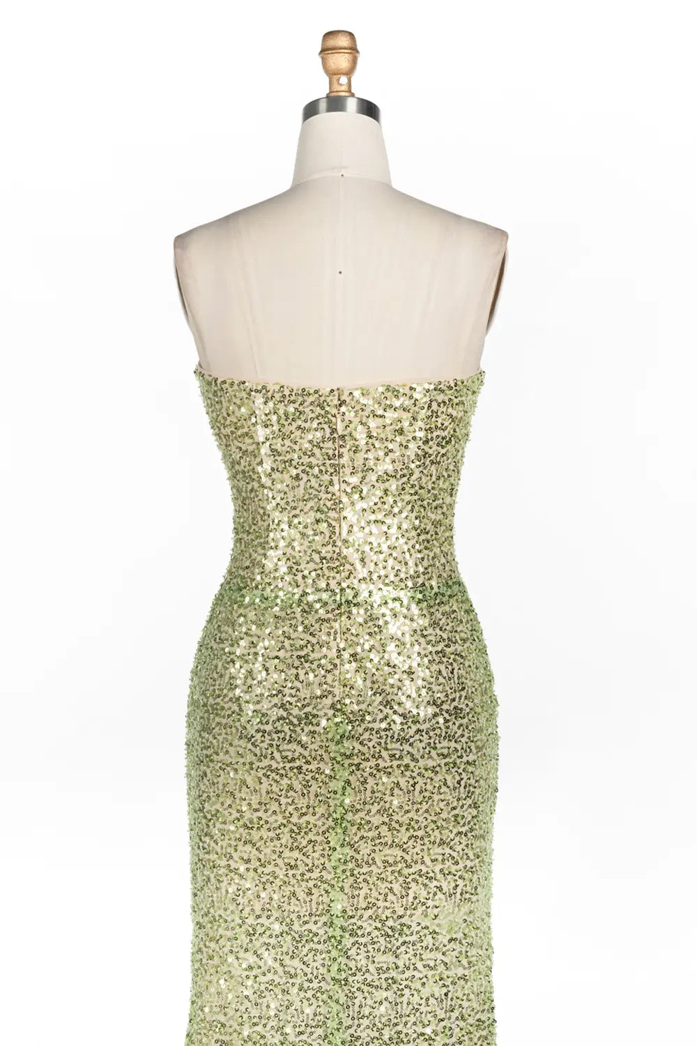 Vestido de noche verde palabra de honor con lentejuelas y aberturas