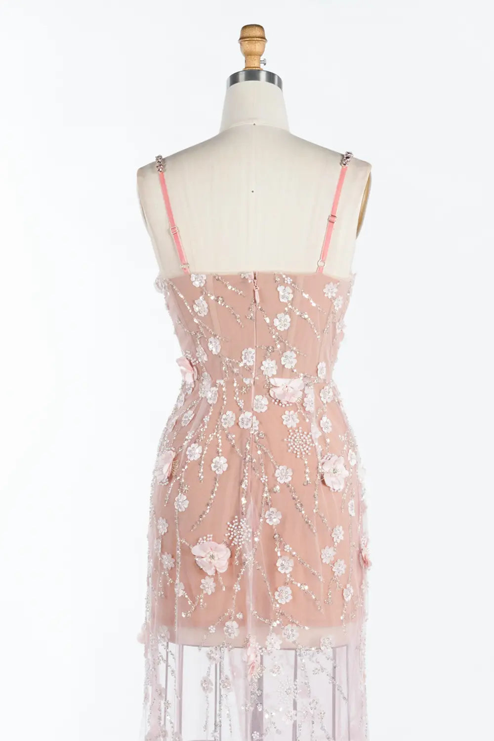 Vestido de noche rosa de sirena con tul y flores 3D