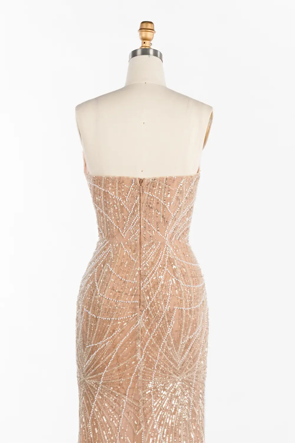 Vestido de noche champán palabra de honor con lentejuelas y abertura