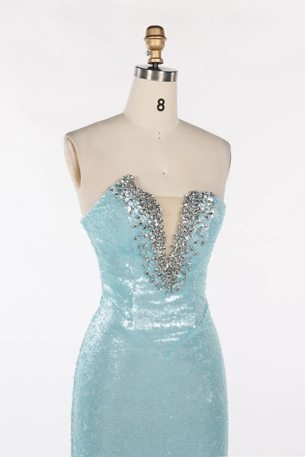 Vestido de noche azul palabra de honor con lentejuelas y abalorios
