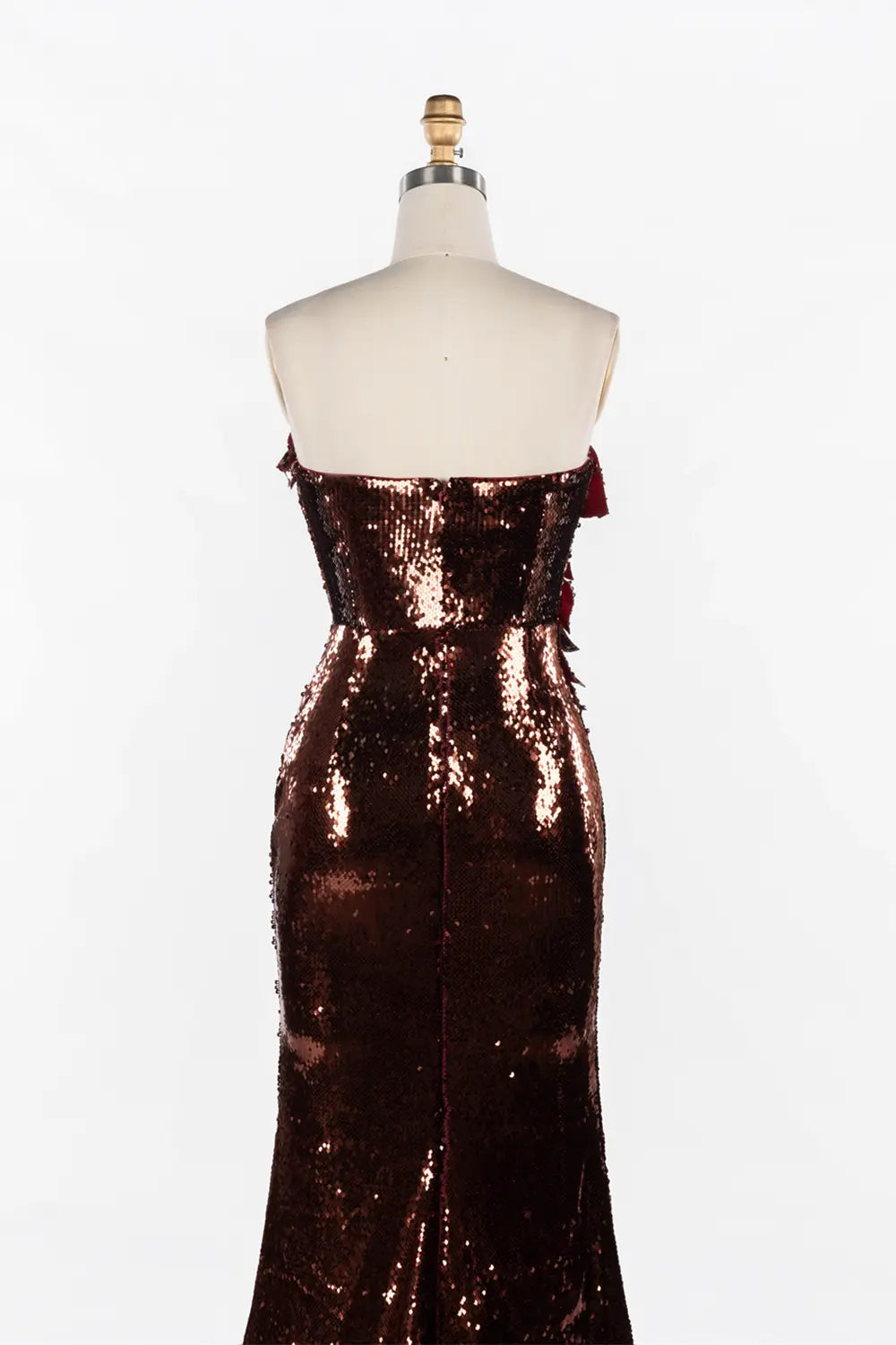 Vestido de noche burdeos de sirena con lentejuelas brillantes y rosas 3D
