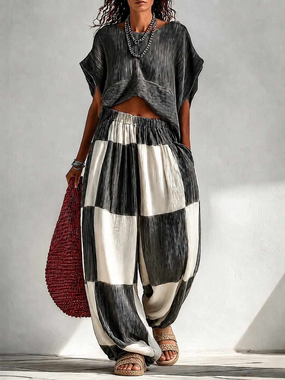 Conjunto vacacional de dos piezas: top corto plisado y pantalón ancho de cuadros con bloques de color