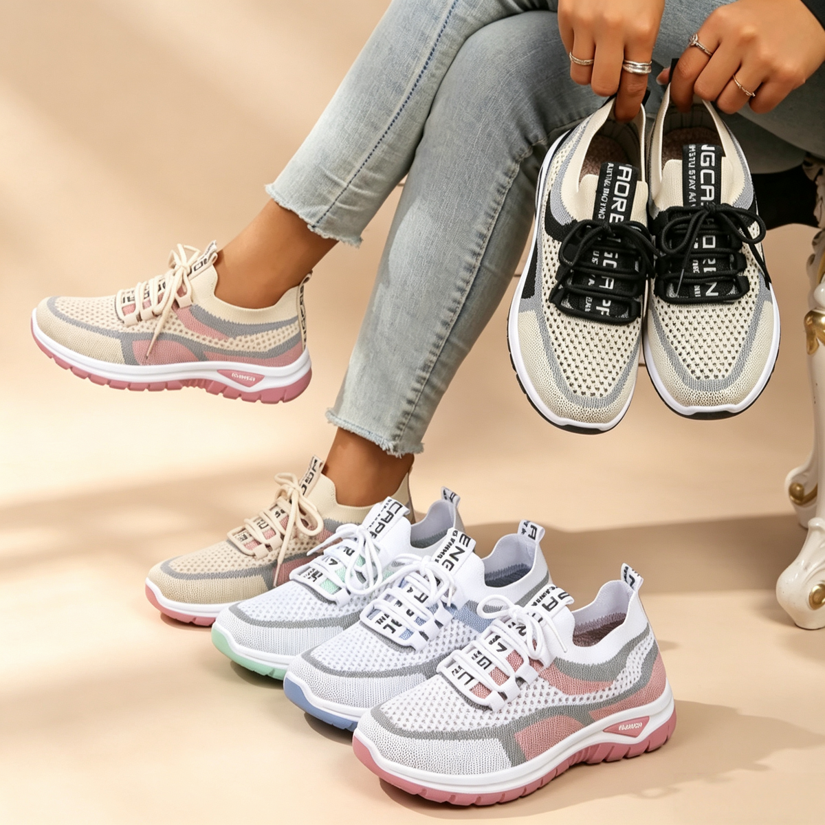 Zapatillas de malla transpirable con bloques de color y cordones