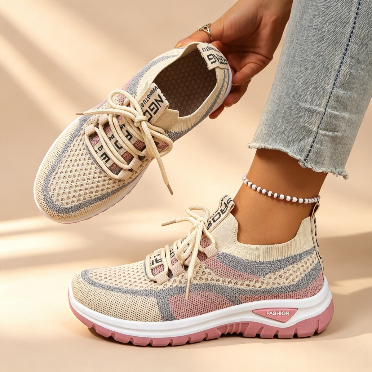 Zapatillas de malla transpirable con bloques de color y cordones