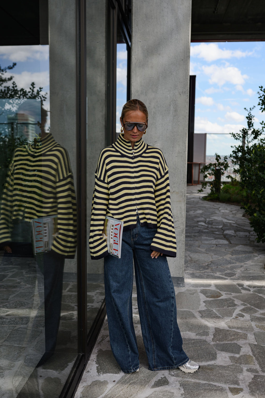 Cárdigan Ivy amarillo y azul de rayas