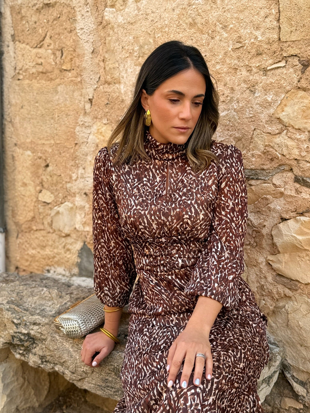 Vestido midi print marrón | Tina