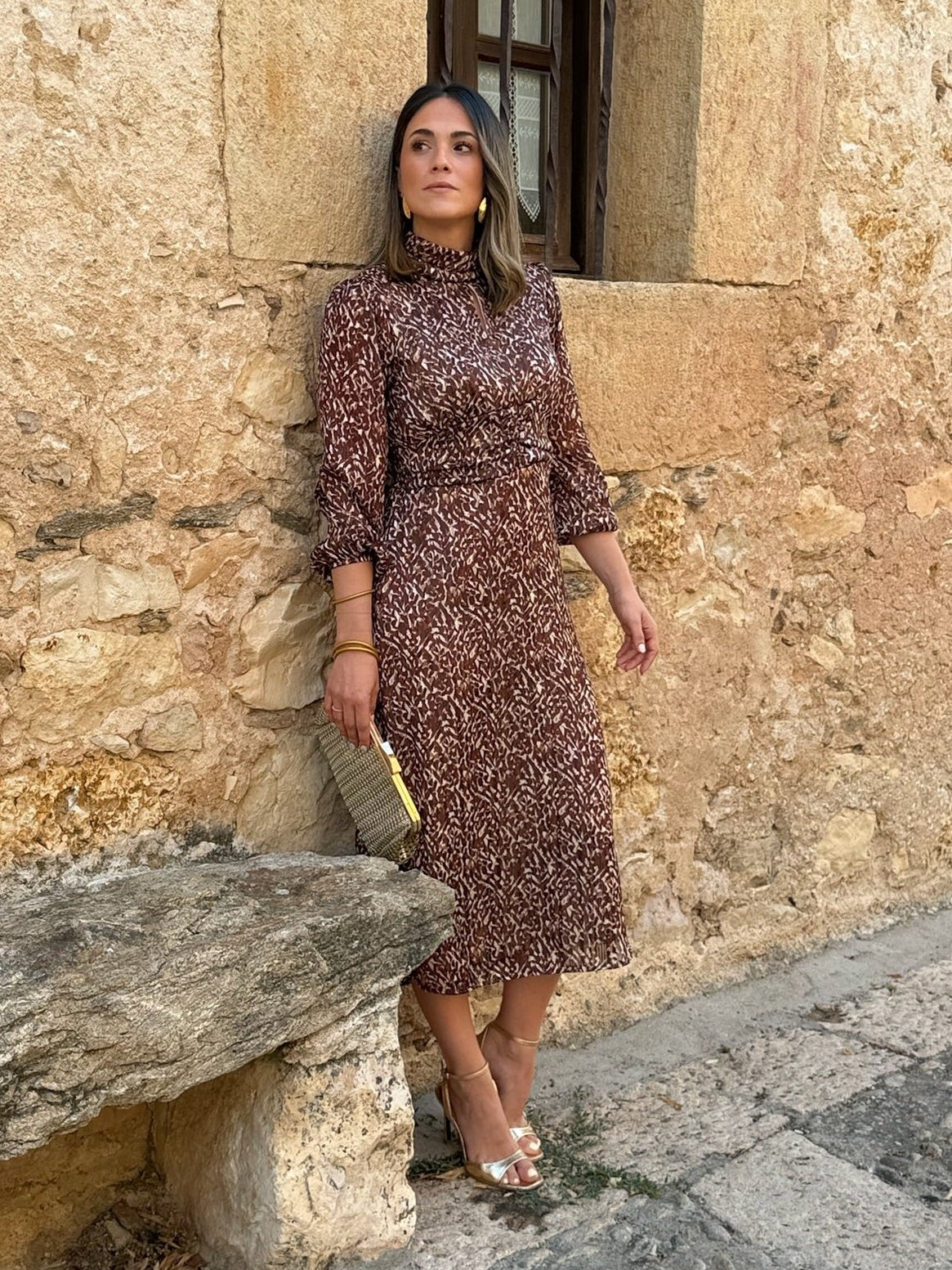 Vestido midi print marrón | Tina