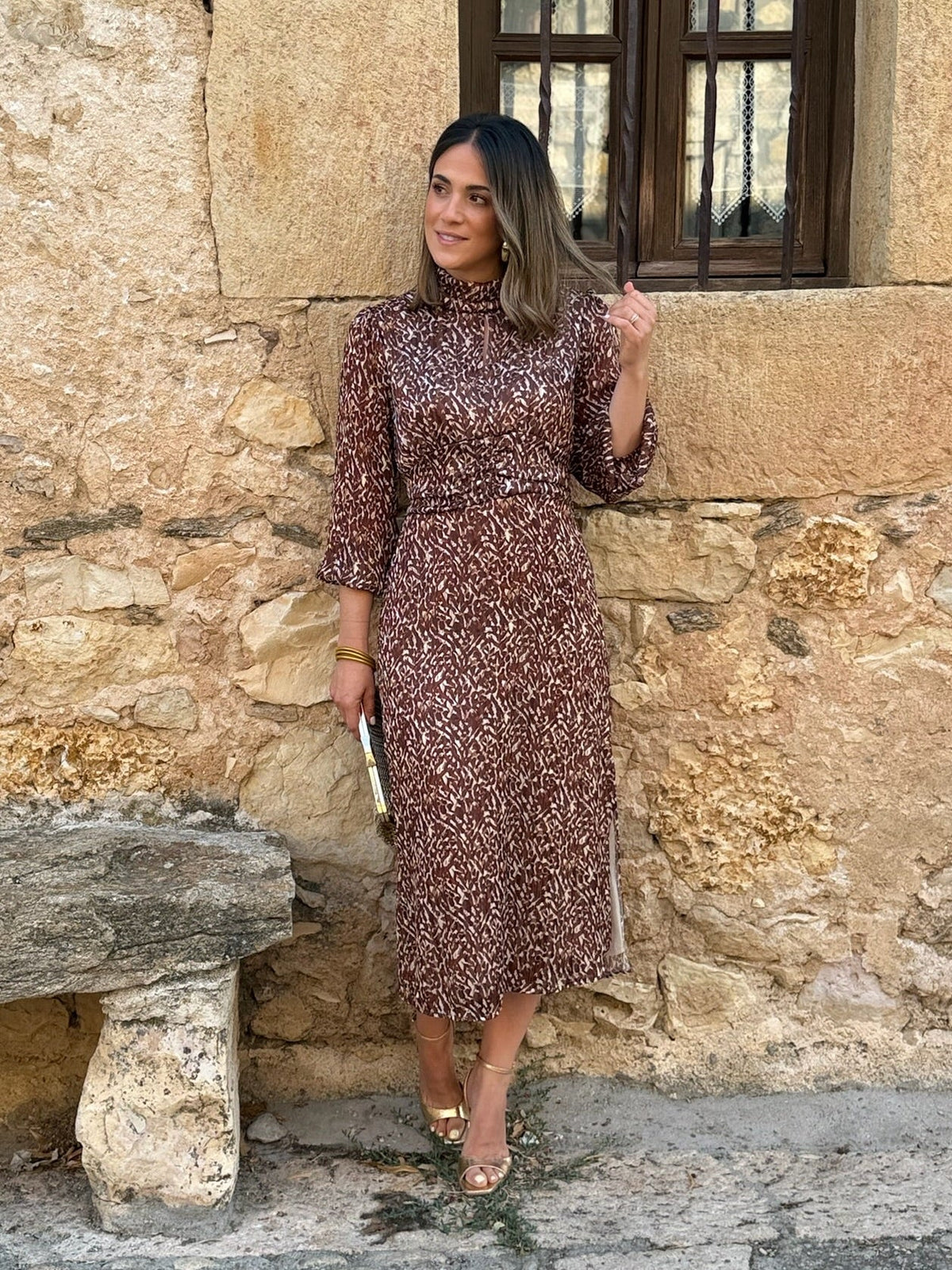 Vestido midi print marrón | Tina
