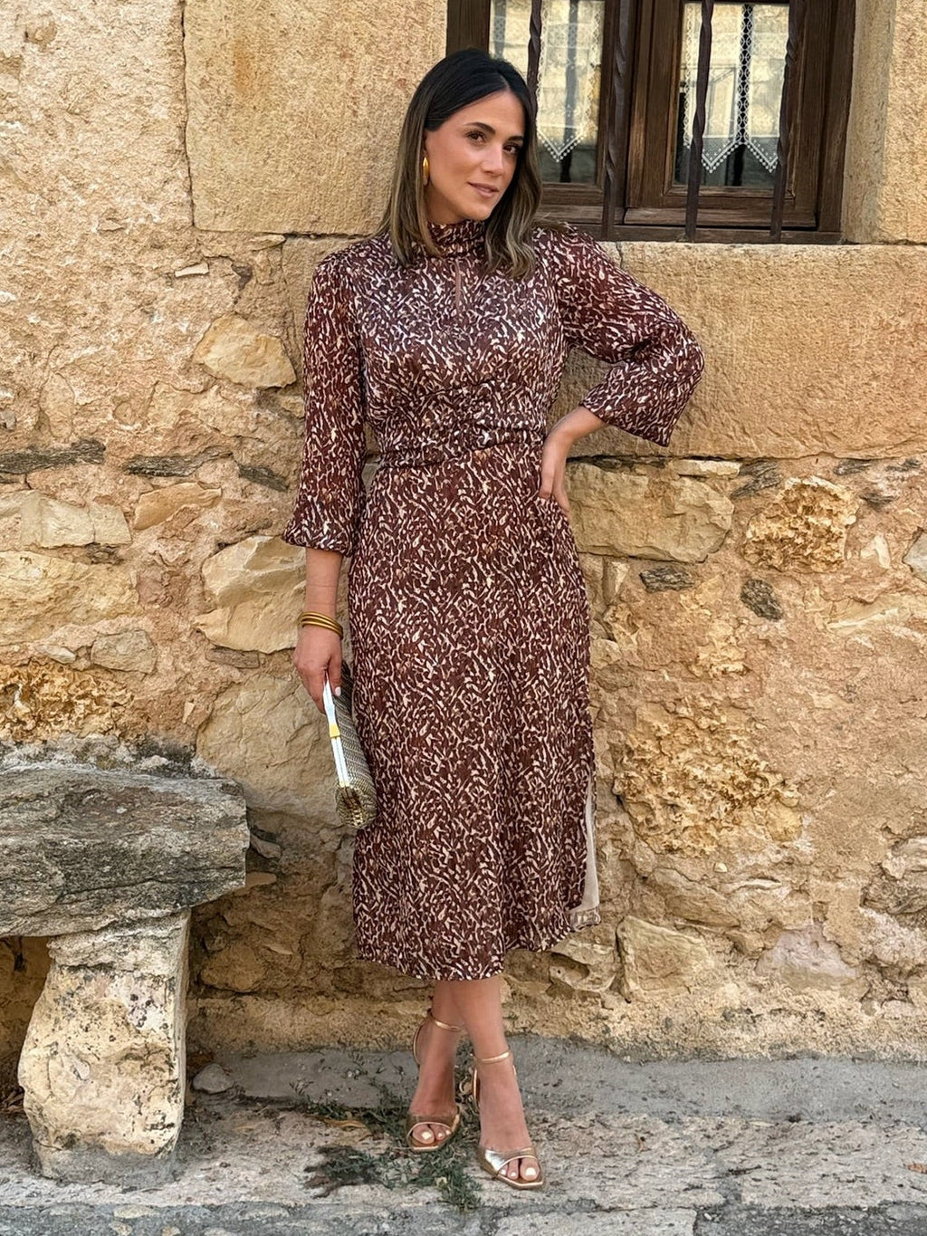 Vestido midi print marrón | Tina