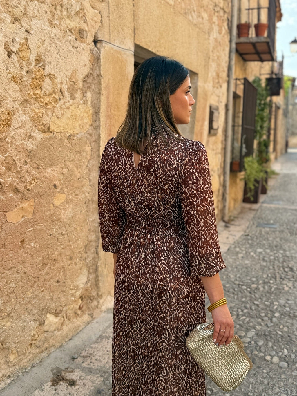 Vestido midi print marrón | Tina