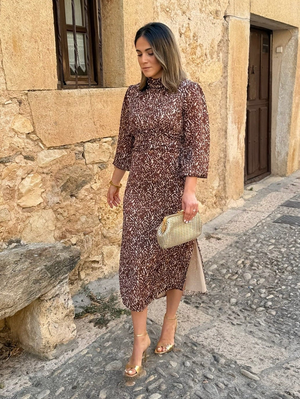 Vestido midi print marrón | Tina