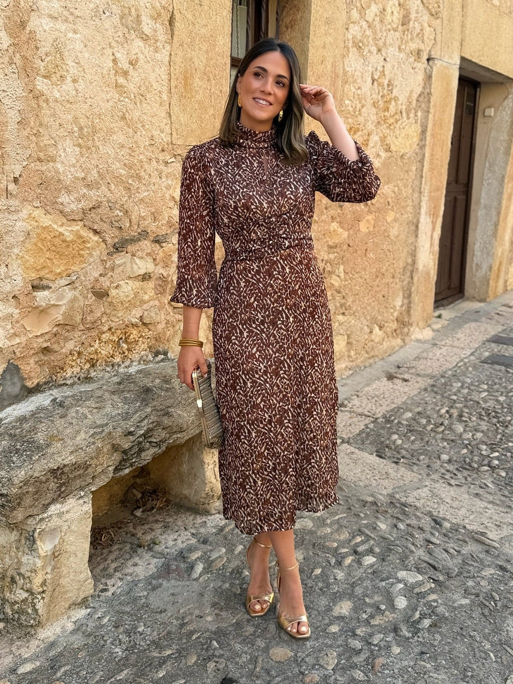 Vestido midi print marrón | Tina