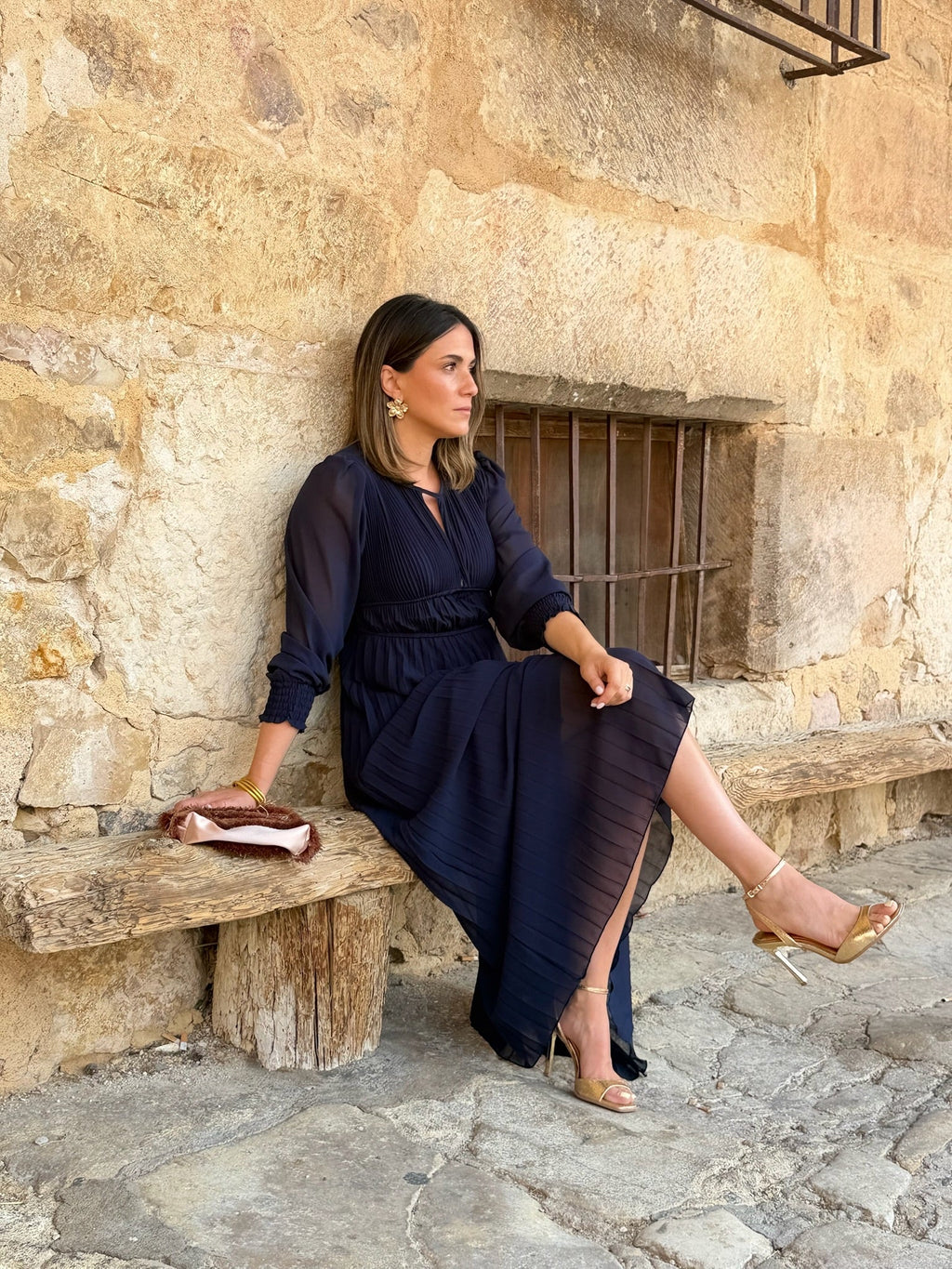 Vestido plisado azul marino | Nerina