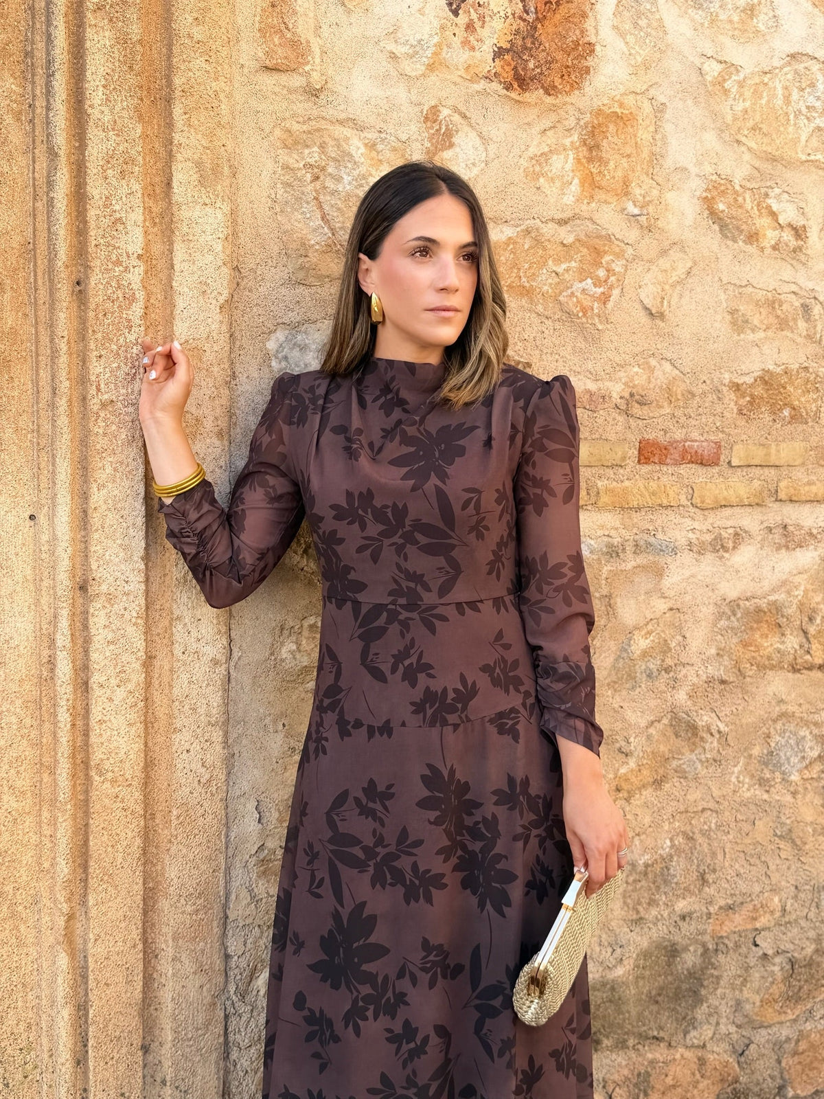 Vestido gasa midi marrón | Lipa