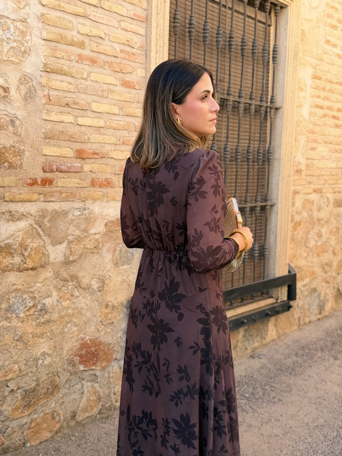 Vestido gasa midi marrón | Lipa