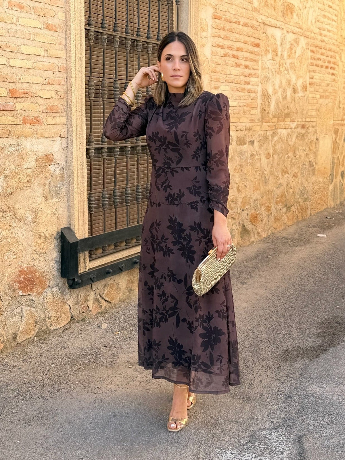 Vestido gasa midi marrón | Lipa