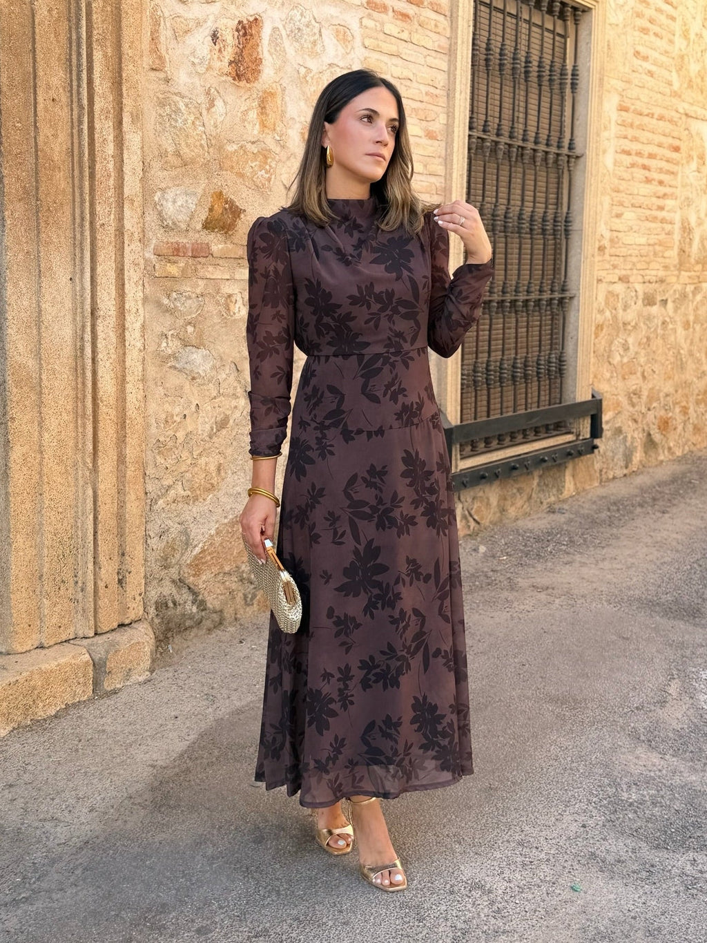 Vestido gasa midi marrón | Lipa