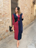 Vestido midi bicolor azul marino y burdeos | Tiffany