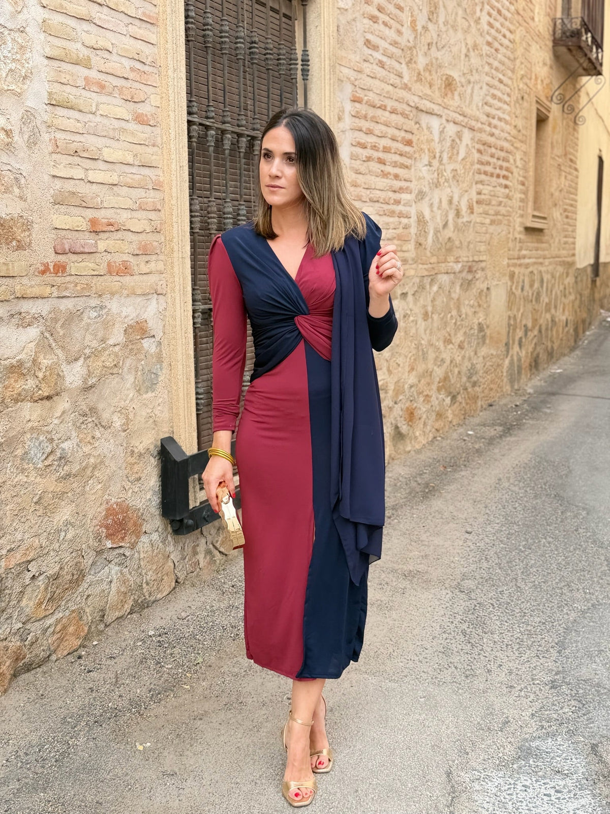 Vestido midi bicolor azul marino y burdeos | Tiffany