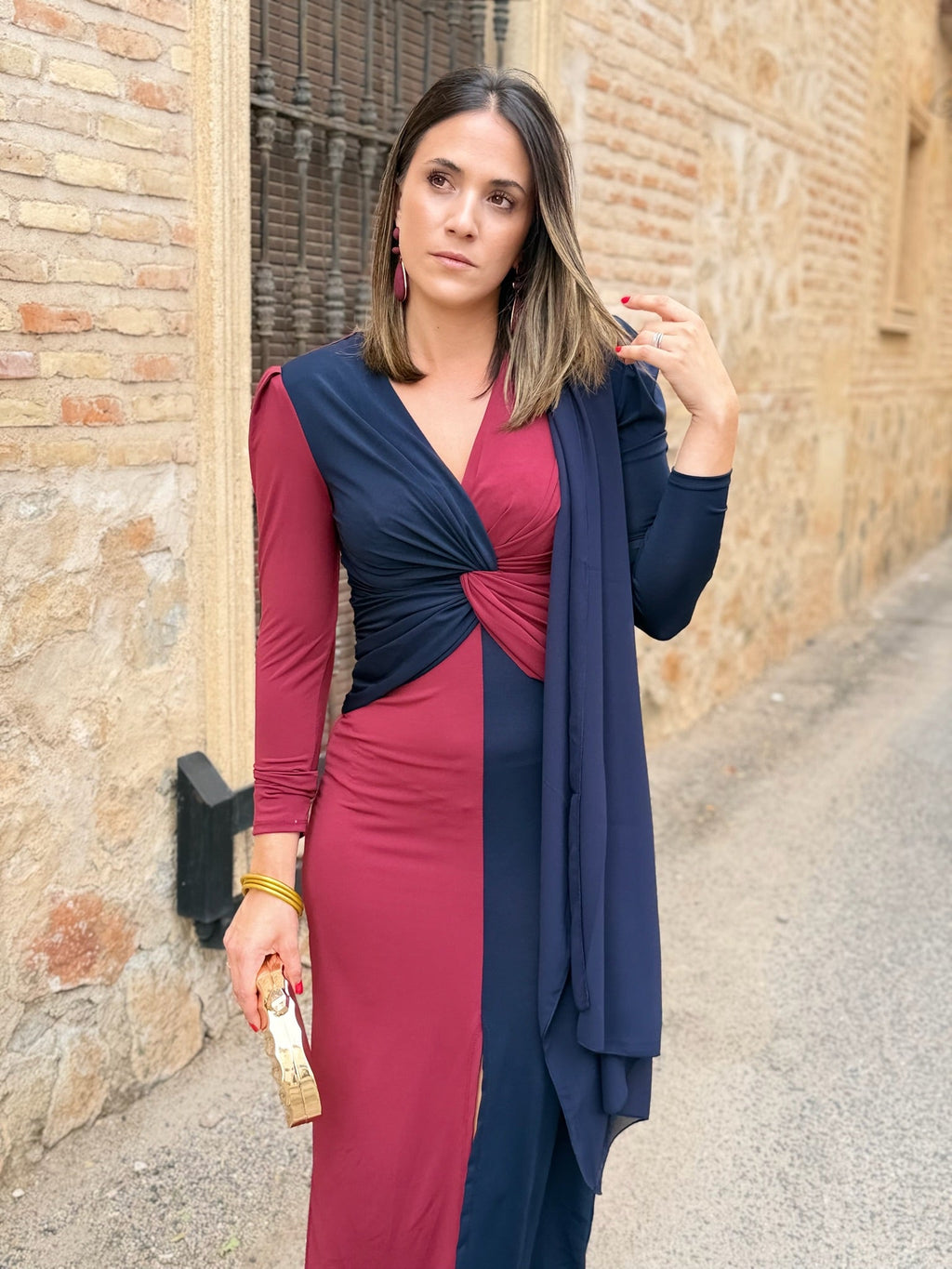 Vestido midi bicolor azul marino y burdeos | Tiffany