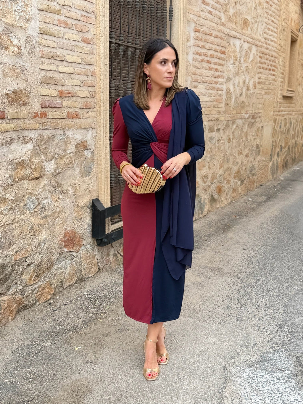 Vestido midi bicolor azul marino y burdeos | Tiffany