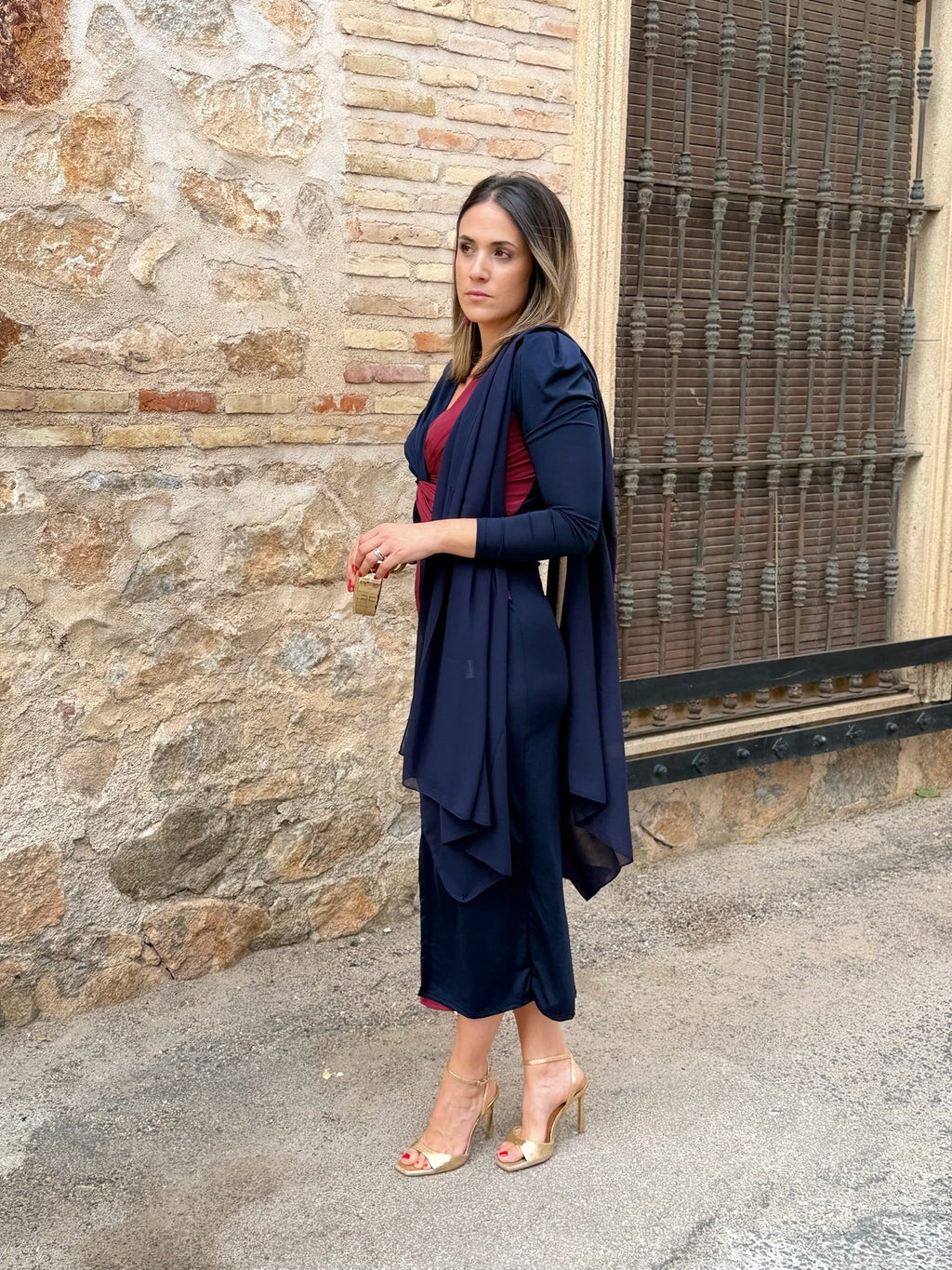 Vestido midi bicolor azul marino y burdeos | Tiffany