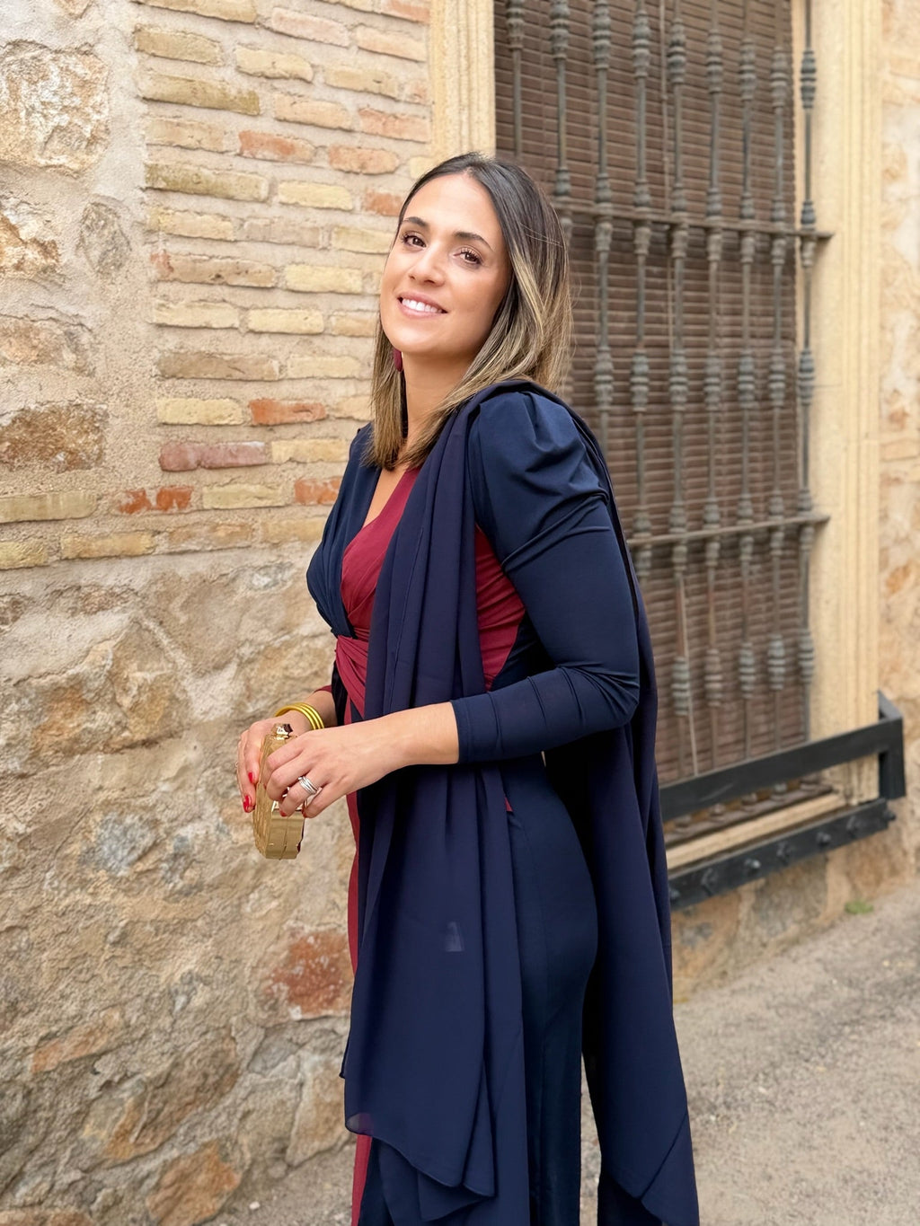 Vestido midi bicolor azul marino y burdeos | Tiffany