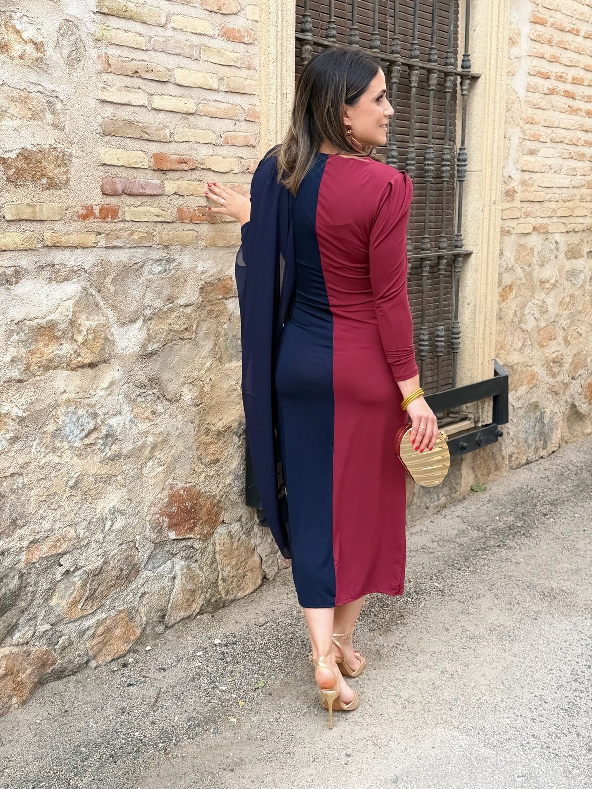 Vestido midi bicolor azul marino y burdeos | Tiffany