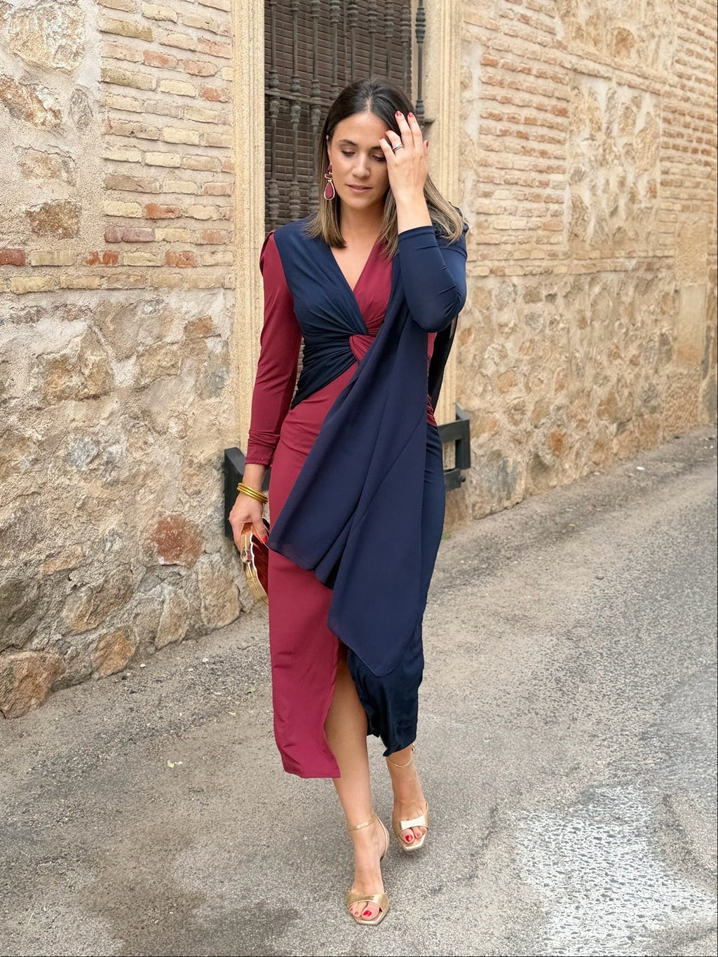 Vestido midi bicolor azul marino y burdeos | Tiffany