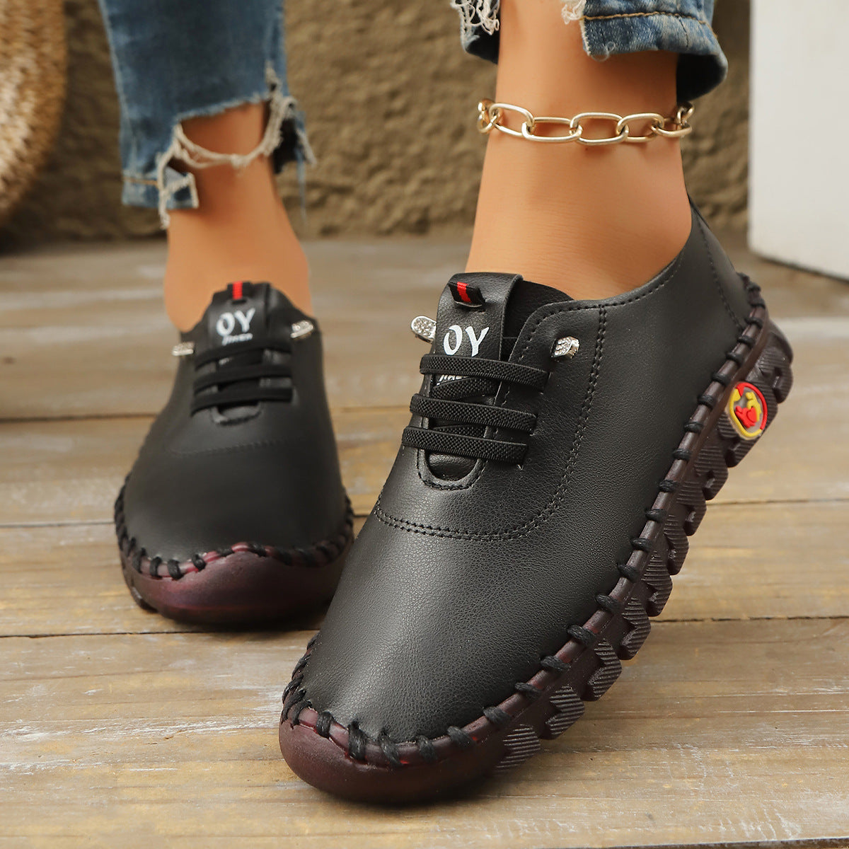Mocasines con cordones de piel suave cosida y suela antideslizante
