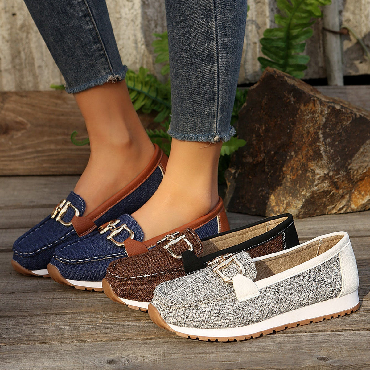 Mocasines con hebilla dorada y plataforma, cómodos y sin cordones