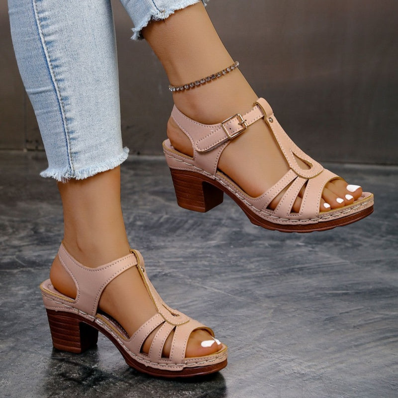 Sandalias de tacón ancho de 7 cm con tiras en T y plataforma